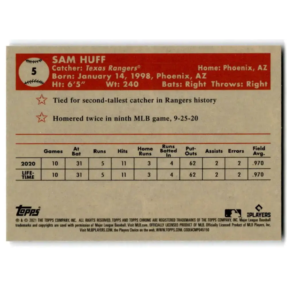 2021 Topps Chrome Platinum Anniversary #5 Sam Huff NM-MT RC Rookie Texas Rangers Baseball Card - Baseball Card Single