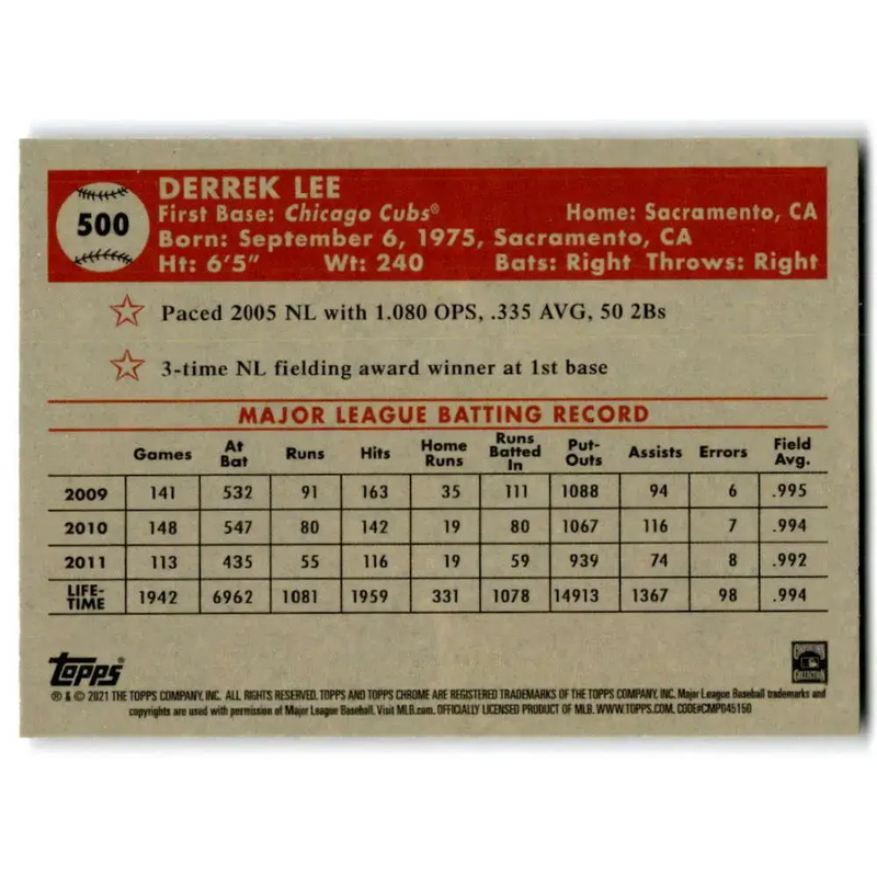 2021 Topps Chrome Platinum Anniversary #500 Derrek Lee NM-MT Chicago Cubs Baseball Card - Baseball Card Single