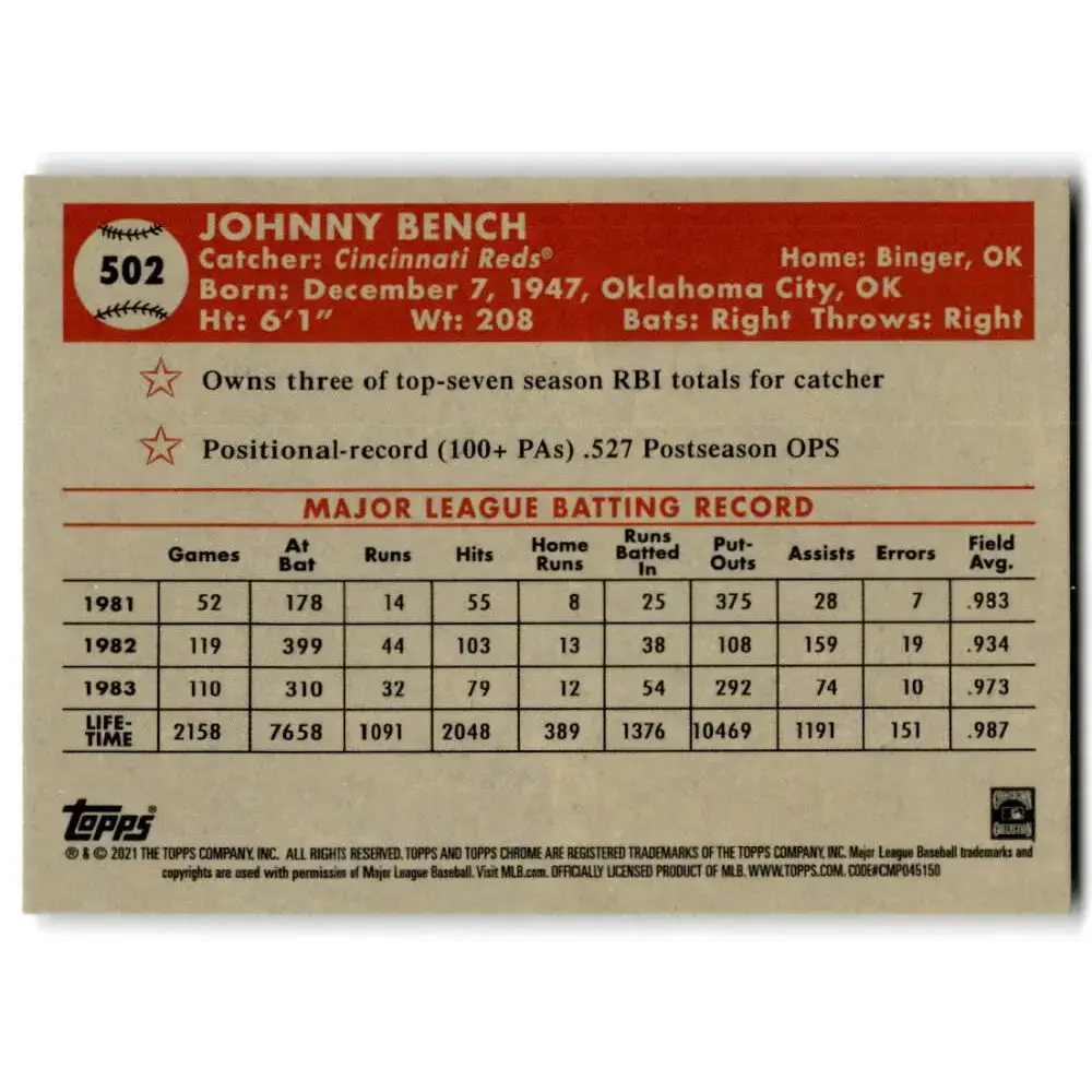 2021 Topps Chrome Platinum Anniversary #502 Johnny Bench NM-MT Cincinnati Reds Baseball Card - Baseball Card Single