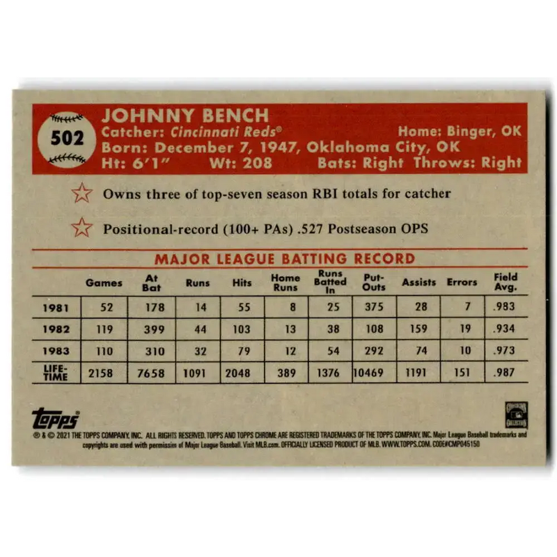 2021 Topps Chrome Platinum Anniversary #502 Johnny Bench NM-MT Cincinnati Reds Baseball Card - Baseball Card Single