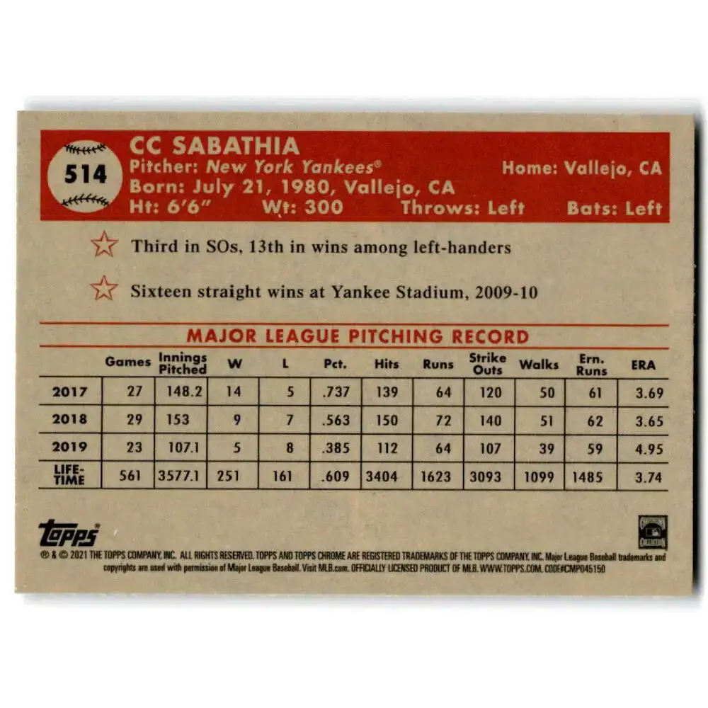 2021 Topps Chrome Platinum Anniversary #514 CC Sabathia NM-MT New York Yankees Baseball Card - Baseball Card Single