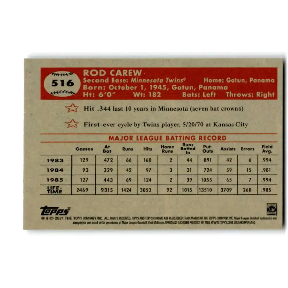 2021 Topps Chrome Platinum Anniversary #516 Rod Carew NM-MT Minnesota Twins Baseball Card - Baseball Card Single