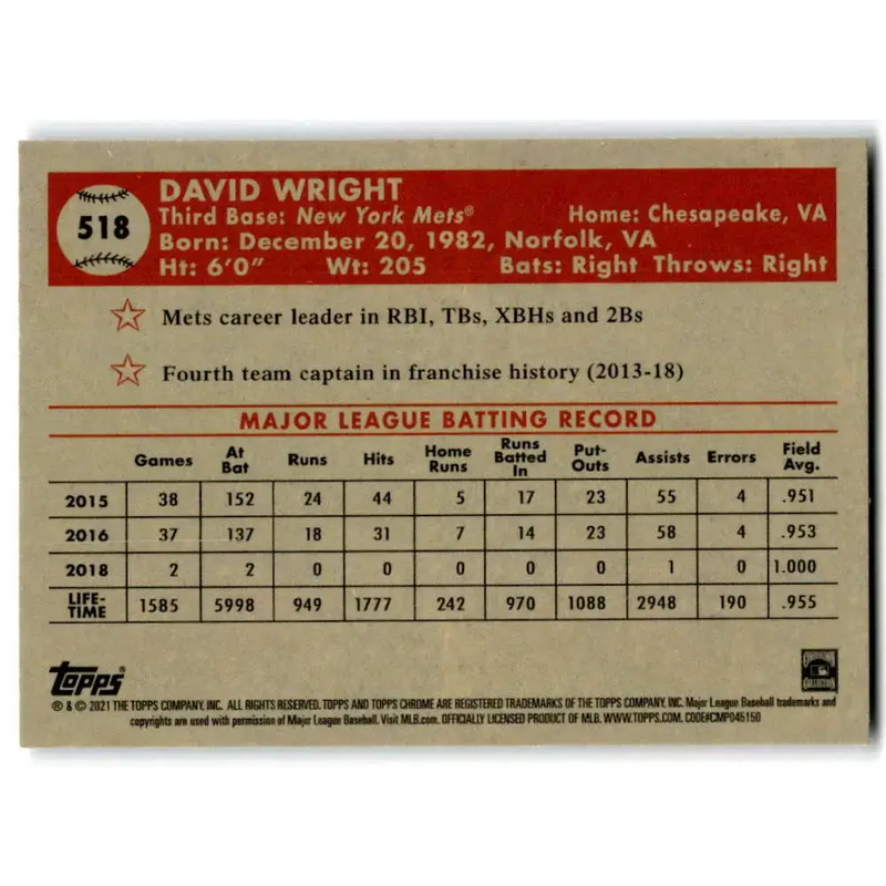 2021 Topps Chrome Platinum Anniversary #518 David Wright NM-MT New York Mets Baseball Card - Baseball Card Single