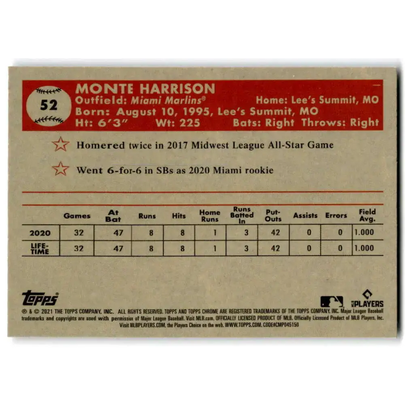 2021 Topps Chrome Platinum Anniversary #52 Monte Harrison NM-MT RC Rookie Miami Marlins Baseball Card - Baseball Card