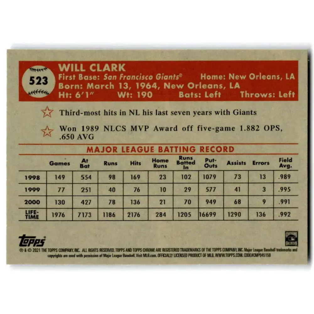 2021 Topps Chrome Platinum Anniversary #523 Will Clark NM-MT San Francisco Giants Baseball Card - Baseball Card Single