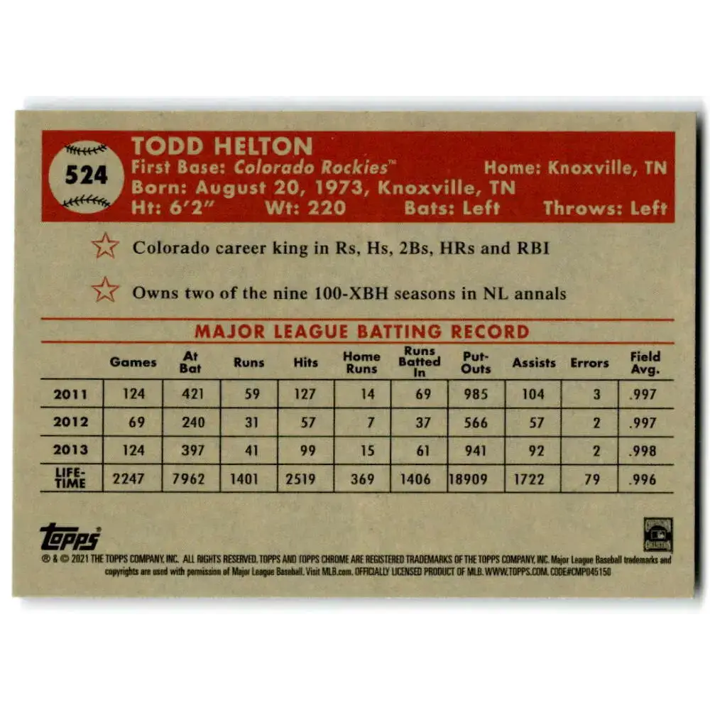 2021 Topps Chrome Platinum Anniversary #524 Todd Helton NM-MT Colorado Rockies Baseball Card - Baseball Card Single