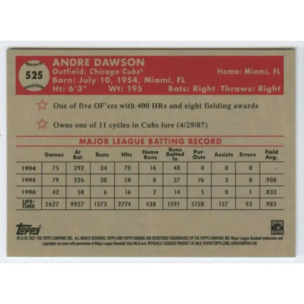 2021 Topps Chrome Platinum Anniversary #525 Andre Dawson NM-MT Chicago Cubs Baseball Card - Baseball Card Single