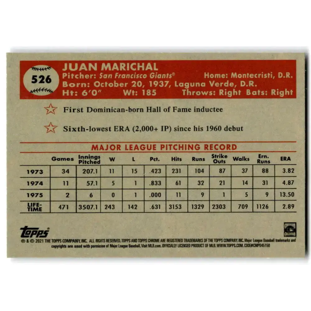 2021 Topps Chrome Platinum Anniversary #526 Juan Marichal NM-MT San Francisco Giants Baseball Card - Baseball Card