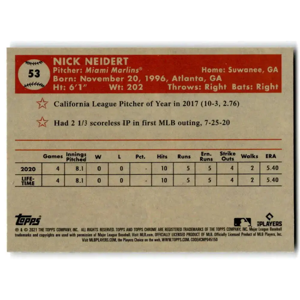 2021 Topps Chrome Platinum Anniversary #53 Nick Neidert NM-MT RC Rookie Miami Marlins Baseball Card - Baseball Card
