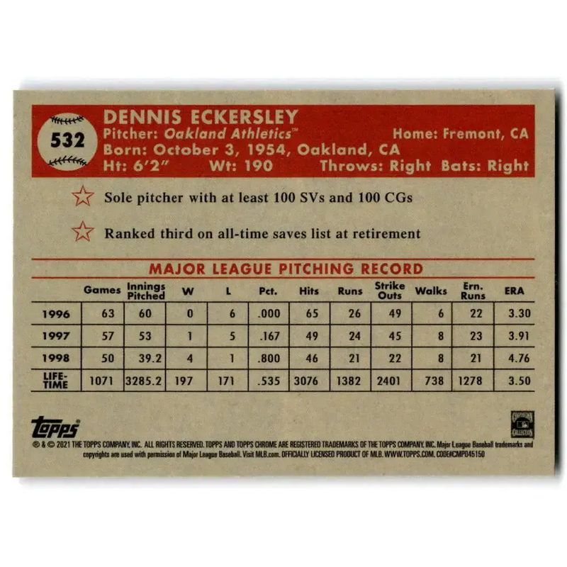 2021 Topps Chrome Platinum Anniversary #532 Dennis Eckersley NM-MT Oakland Athletics Baseball Card - Baseball Card