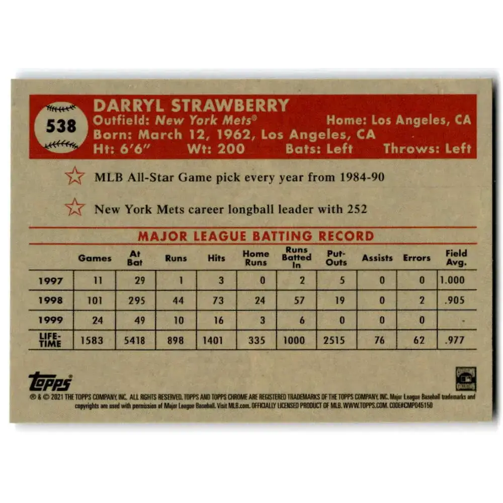 2021 Topps Chrome Platinum Anniversary #538 Darryl Strawberry NM-MT New York Mets Baseball Card - Baseball Card Single