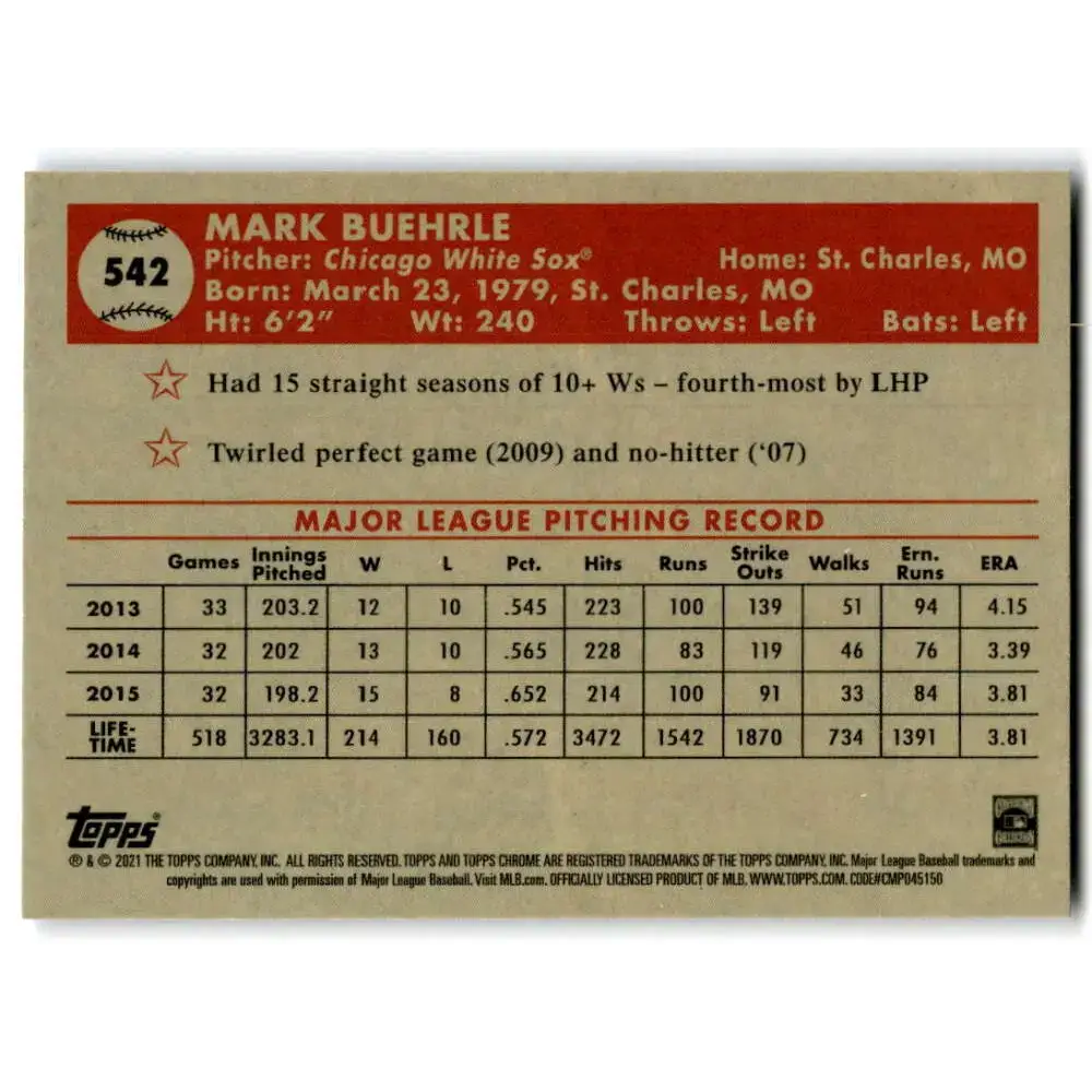 2021 Topps Chrome Platinum Anniversary #542 Mark Buehrle NM-MT Chicago White Sox Baseball Card - Baseball Card Single