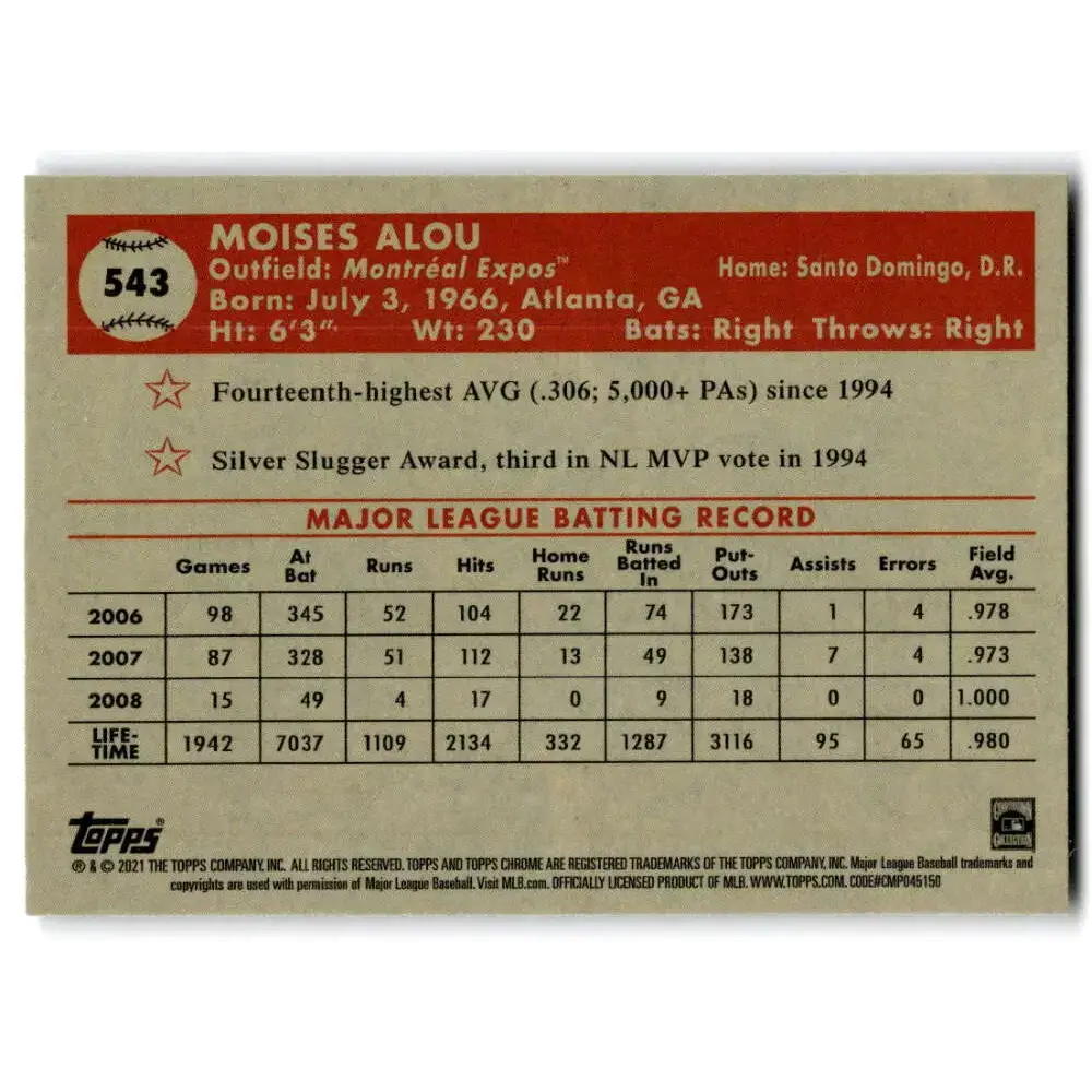 2021 Topps Chrome Platinum Anniversary #543 Moises Alou NM-MT Montreal Expos Baseball Card - Baseball Card Single