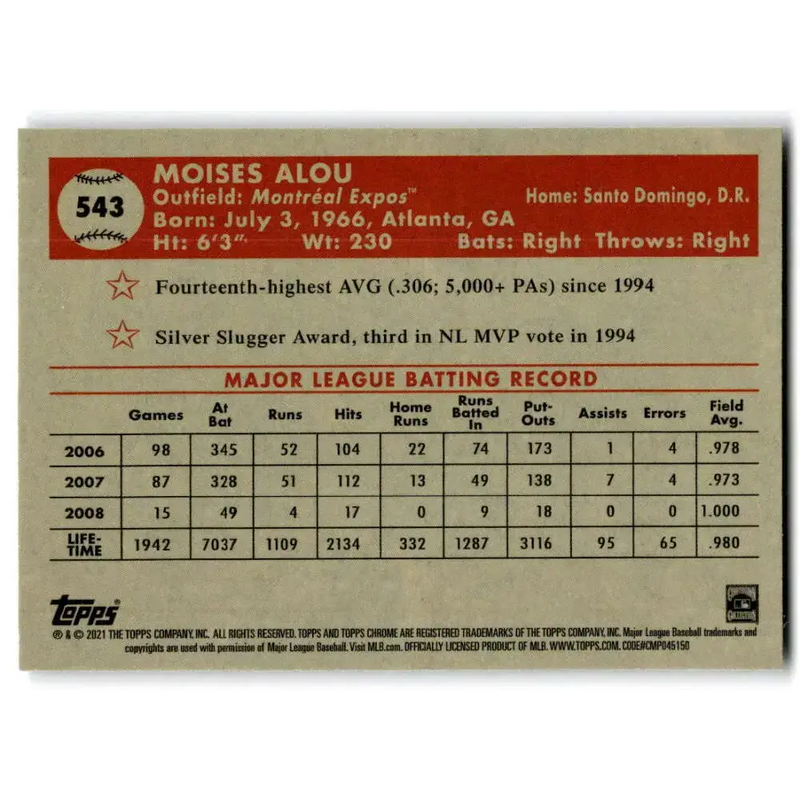 2021 Topps Chrome Platinum Anniversary #543 Moises Alou NM-MT Montreal Expos Baseball Card - Baseball Card Single