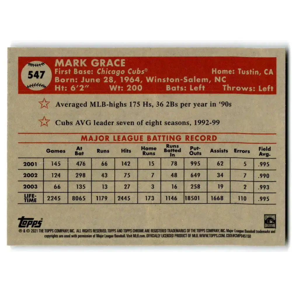 2021 Topps Chrome Platinum Anniversary #547 Mark Grace NM-MT Chicago Cubs Baseball Card - Baseball Card Single