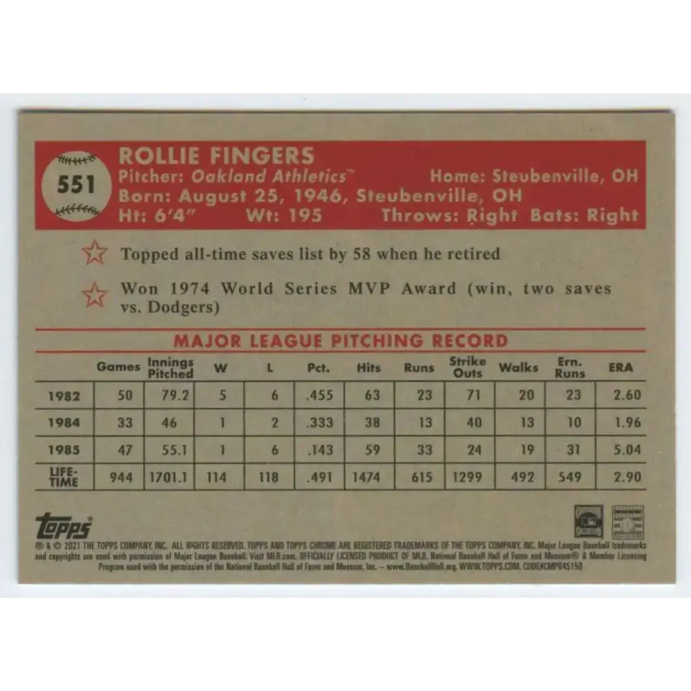 2021 Topps Chrome Platinum Anniversary #551 Rollie Fingers NM-MT Oakland Athletics Baseball Card - Baseball Card Single