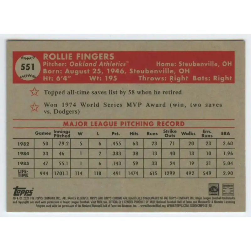 2021 Topps Chrome Platinum Anniversary #551 Rollie Fingers NM-MT Oakland Athletics Baseball Card - Baseball Card Single