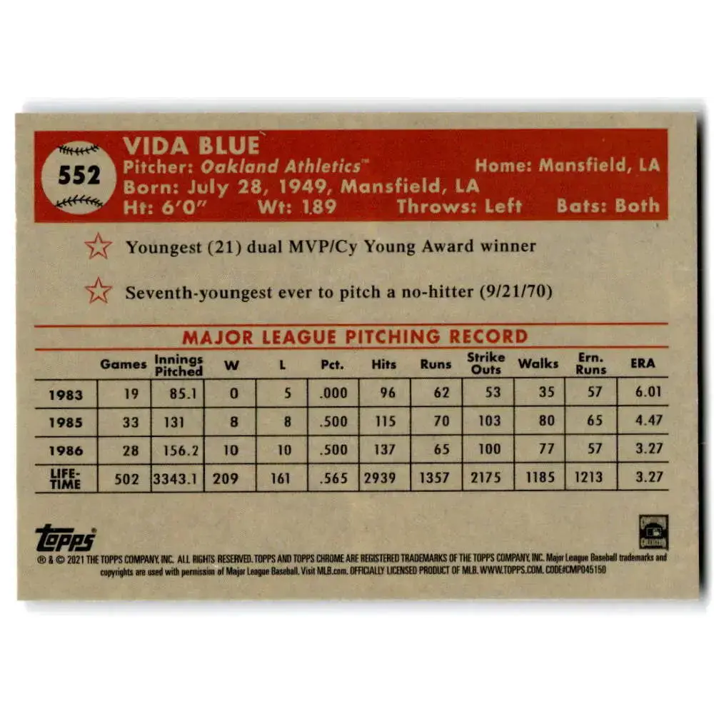 2021 Topps Chrome Platinum Anniversary #552 Vida Blue NM-MT Oakland Athletics Baseball Card - Baseball Card Single