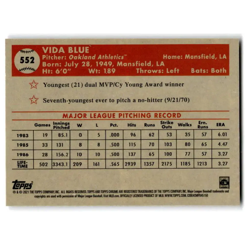 2021 Topps Chrome Platinum Anniversary #552 Vida Blue NM-MT Oakland Athletics Baseball Card - Baseball Card Single