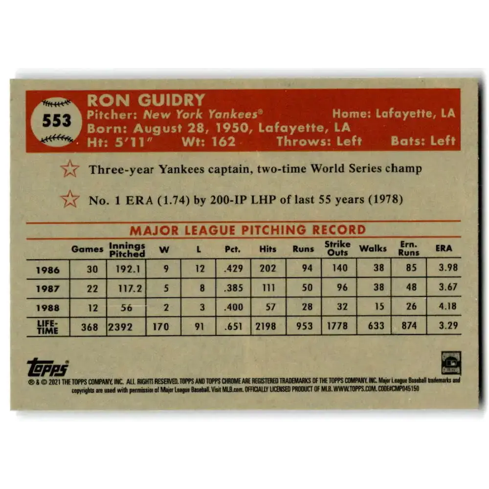 2021 Topps Chrome Platinum Anniversary #553 Ron Guidry NM-MT New York Yankees Baseball Card - Baseball Card Single