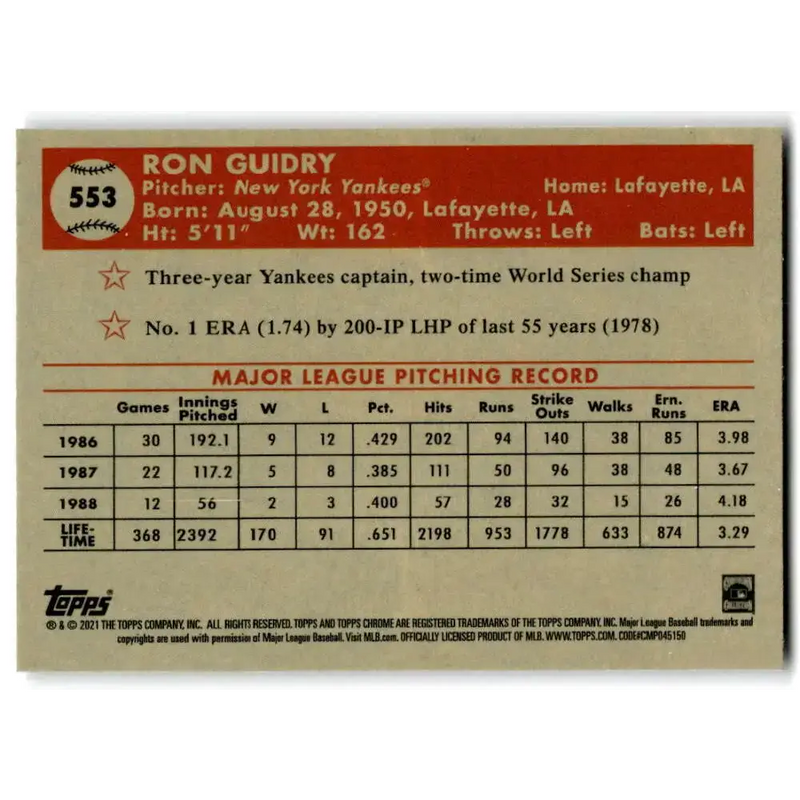 2021 Topps Chrome Platinum Anniversary #553 Ron Guidry NM-MT New York Yankees Baseball Card - Baseball Card Single