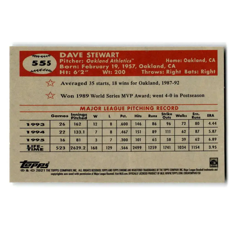 2021 Topps Chrome Platinum Anniversary #555 Dave Stewart NM-MT Oakland Athletics Baseball Card - Baseball Card Single