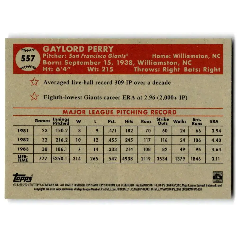 2021 Topps Chrome Platinum Anniversary #557 Gaylord Perry NM-MT San Francisco Giants Baseball Card - Baseball Card