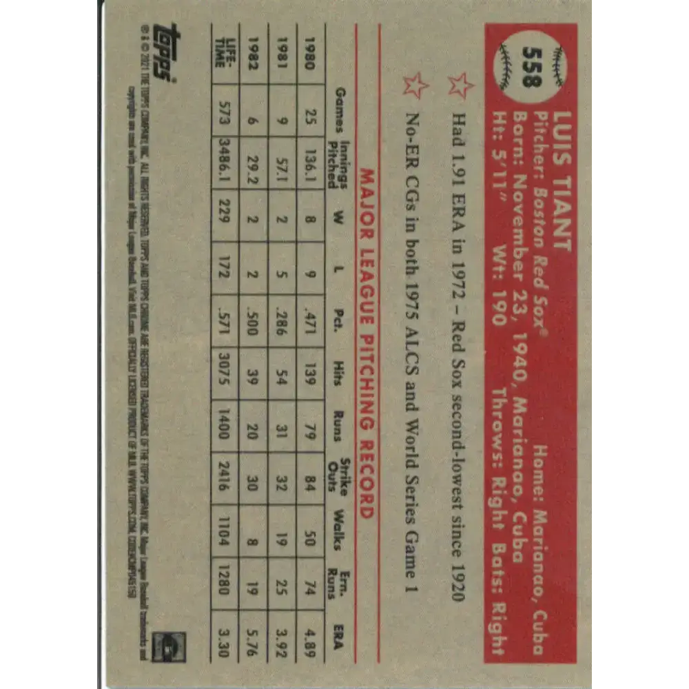 2021 Topps Chrome Platinum Anniversary #558 Luis Tiant NM-MT Boston Red Sox Baseball Card - Baseball Card Single