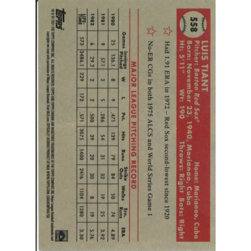 2021 Topps Chrome Platinum Anniversary #558 Luis Tiant NM-MT Boston Red Sox Baseball Card - Baseball Card Single