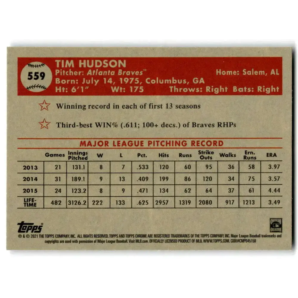 2021 Topps Chrome Platinum Anniversary #559 Tim Hudson NM-MT Atlanta Braves Baseball Card - Baseball Card Single
