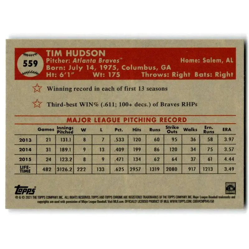 2021 Topps Chrome Platinum Anniversary #559 Tim Hudson NM-MT Atlanta Braves Baseball Card - Baseball Card Single