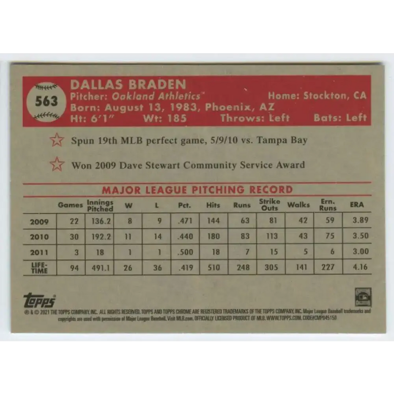 2021 Topps Chrome Platinum Anniversary #563 Dallas Braden NM-MT Oakland Athletics Baseball Card - Baseball Card Single