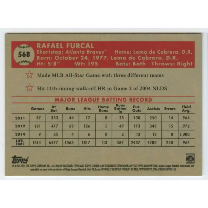 2021 Topps Chrome Platinum Anniversary #568 Rafael Furcal NM-MT Atlanta Braves Baseball Card - Baseball Card Single
