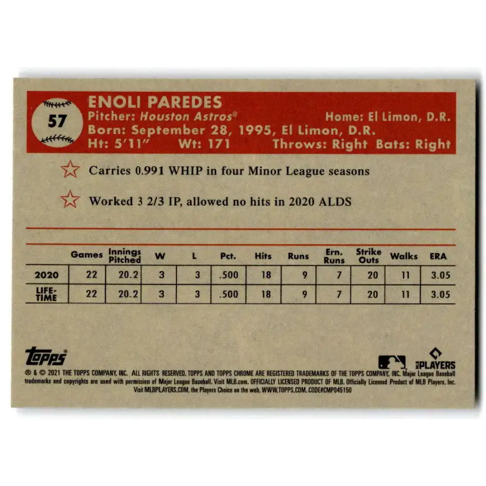 2021 Topps Chrome Platinum Anniversary #57 Enoli Paredes NM-MT RC Rookie Houston Astros Baseball Card - Baseball Card