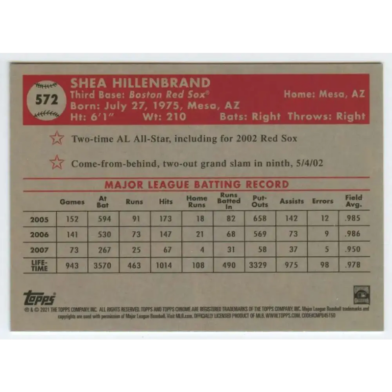 2021 Topps Chrome Platinum Anniversary #572 Shea Hillenbrand NM-MT Boston Red Sox Baseball Card - Baseball Card Single