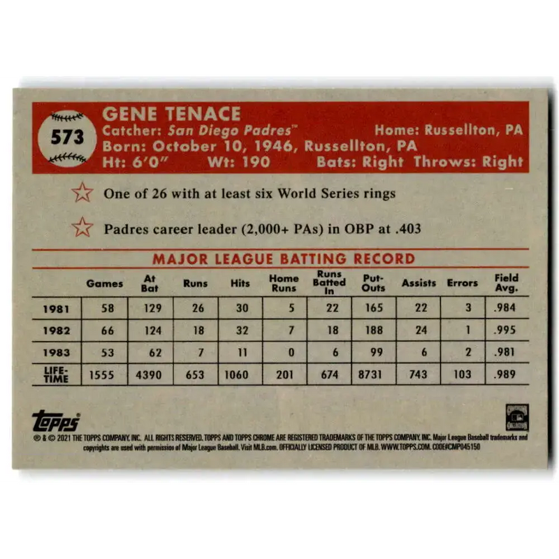 2021 Topps Chrome Platinum Anniversary #573 Gene Tenace NM-MT San Diego Padres Baseball Card - Baseball Card Single