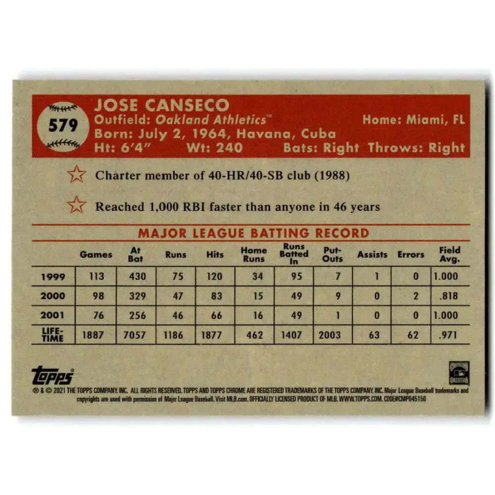 2021 Topps Chrome Platinum Anniversary #579 Jose Canseco NM-MT Oakland Athletics Baseball Card - Baseball Card Single
