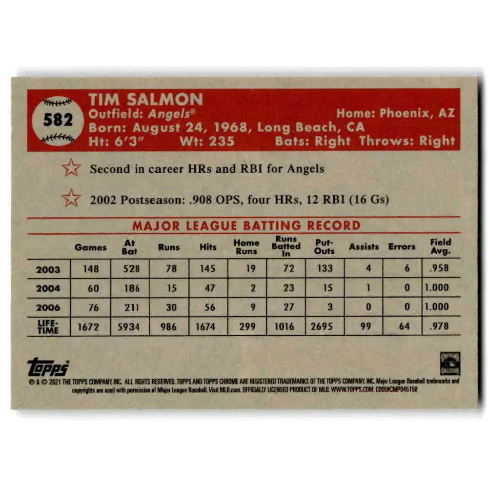 2021 Topps Chrome Platinum Anniversary #582 Tim Salmon NM-MT Los Angeles Angels Baseball Card - Baseball Card Single