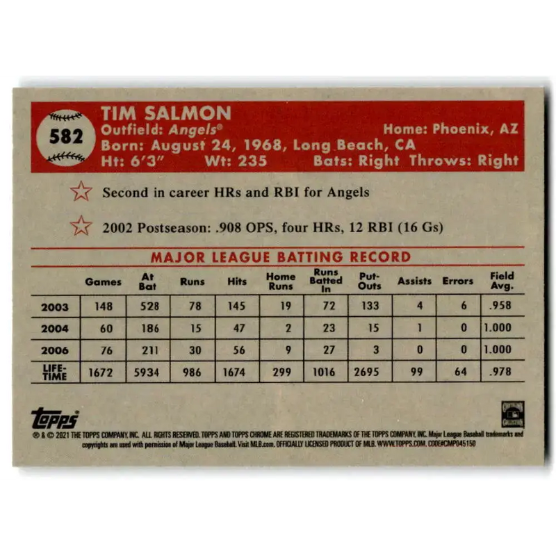 2021 Topps Chrome Platinum Anniversary #582 Tim Salmon NM-MT Los Angeles Angels Baseball Card - Baseball Card Single