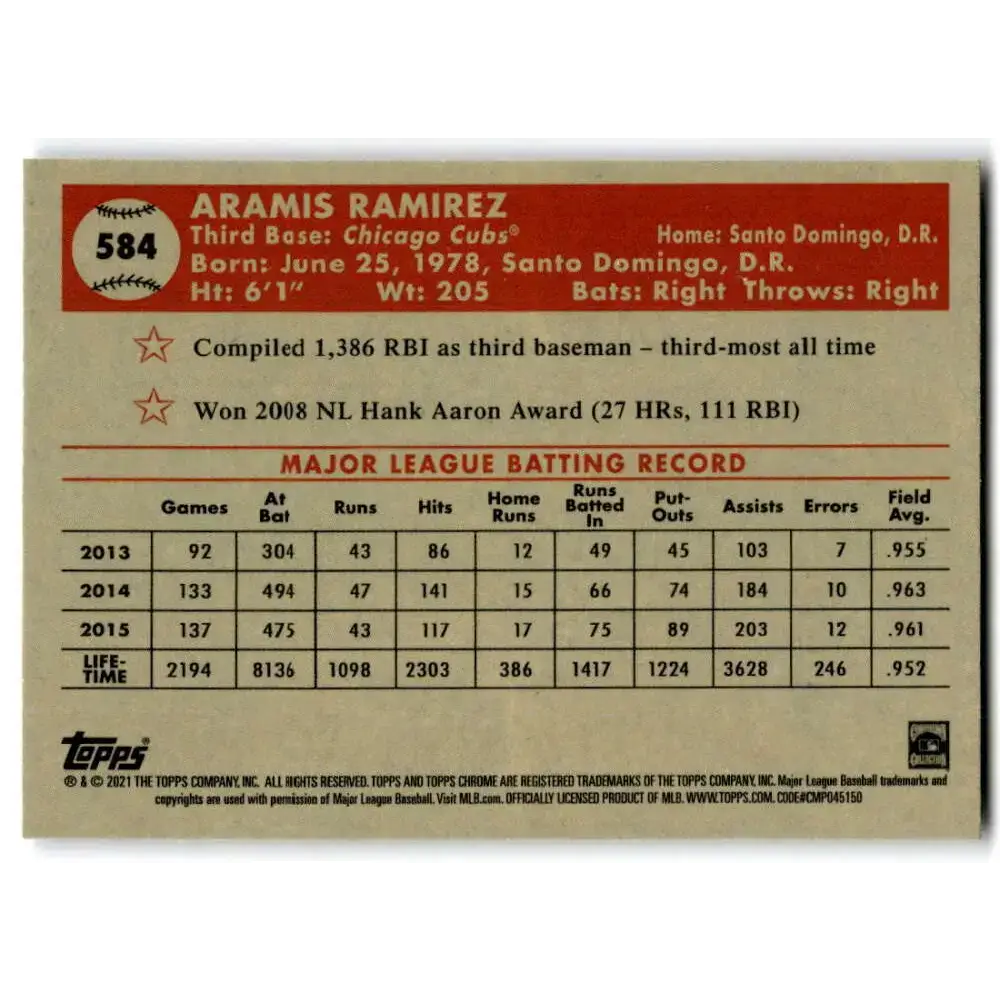2021 Topps Chrome Platinum Anniversary #584 Aramis Ramirez NM-MT Chicago Cubs Baseball Card - Baseball Card Single