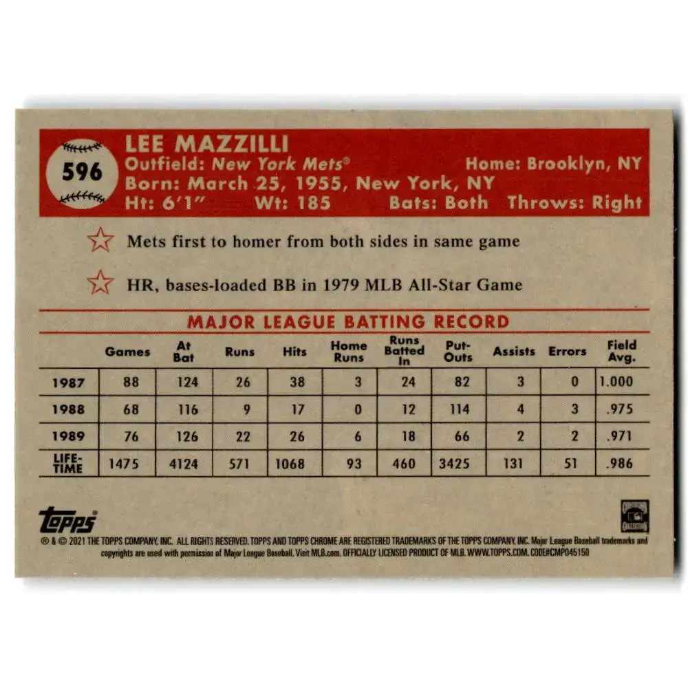 2021 Topps Chrome Platinum Anniversary #596 Lee Mazzilli NM-MT New York Mets Baseball Card - Baseball Card Single