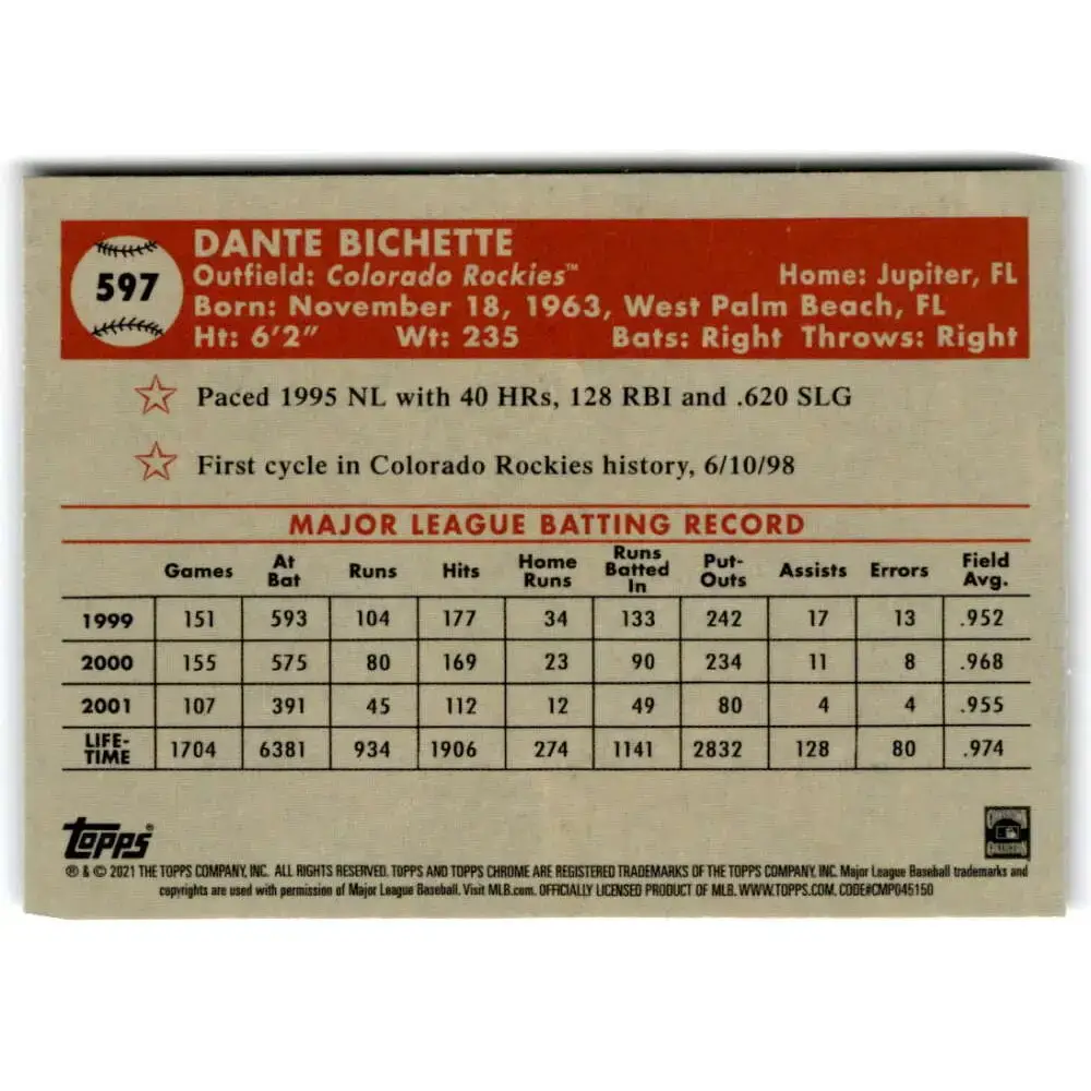 2021 Topps Chrome Platinum Anniversary #597 Dante Bichette NM-MT Colorado Rockies Baseball Card - Baseball Card Single