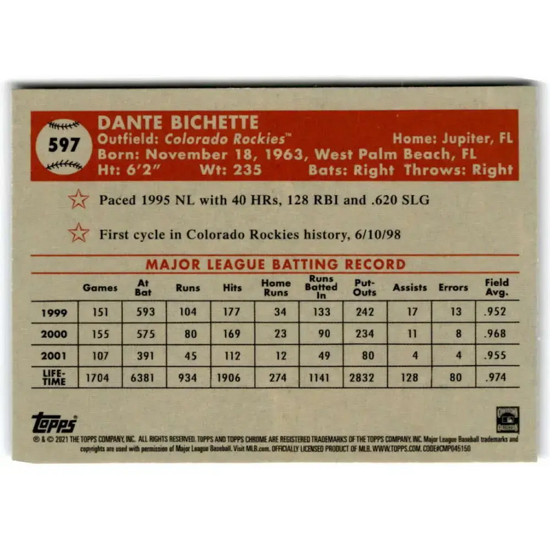 2021 Topps Chrome Platinum Anniversary #597 Dante Bichette NM-MT Colorado Rockies Baseball Card - Baseball Card Single