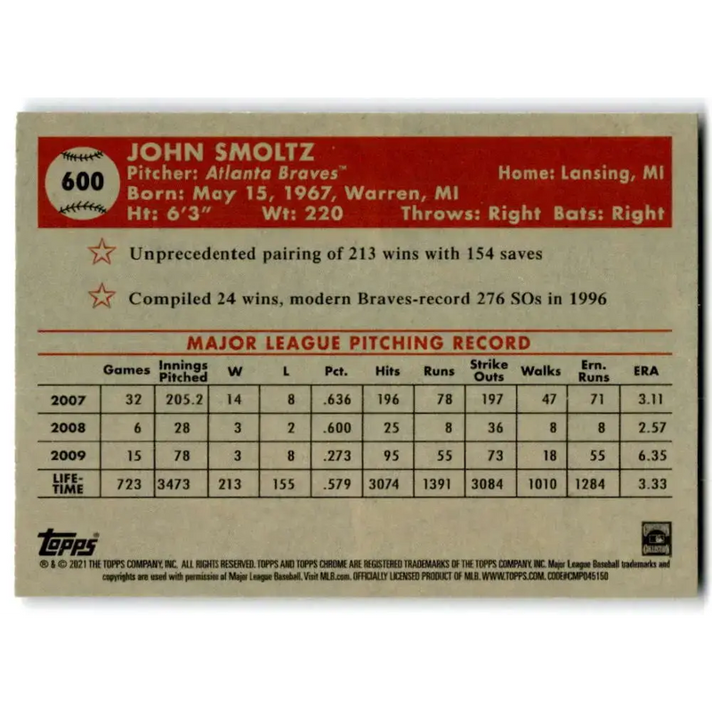 2021 Topps Chrome Platinum Anniversary #600 John Smoltz NM-MT Atlanta Braves Baseball Card - Baseball Card Single