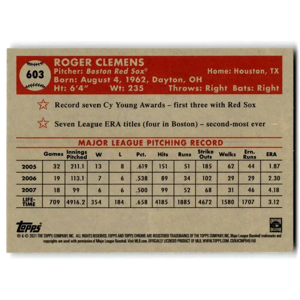 2021 Topps Chrome Platinum Anniversary #603 Roger Clemens NM-MT Boston Red Sox Baseball Card - Baseball Card Single