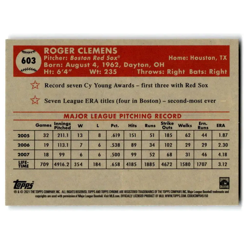 2021 Topps Chrome Platinum Anniversary #603 Roger Clemens NM-MT Boston Red Sox Baseball Card - Baseball Card Single