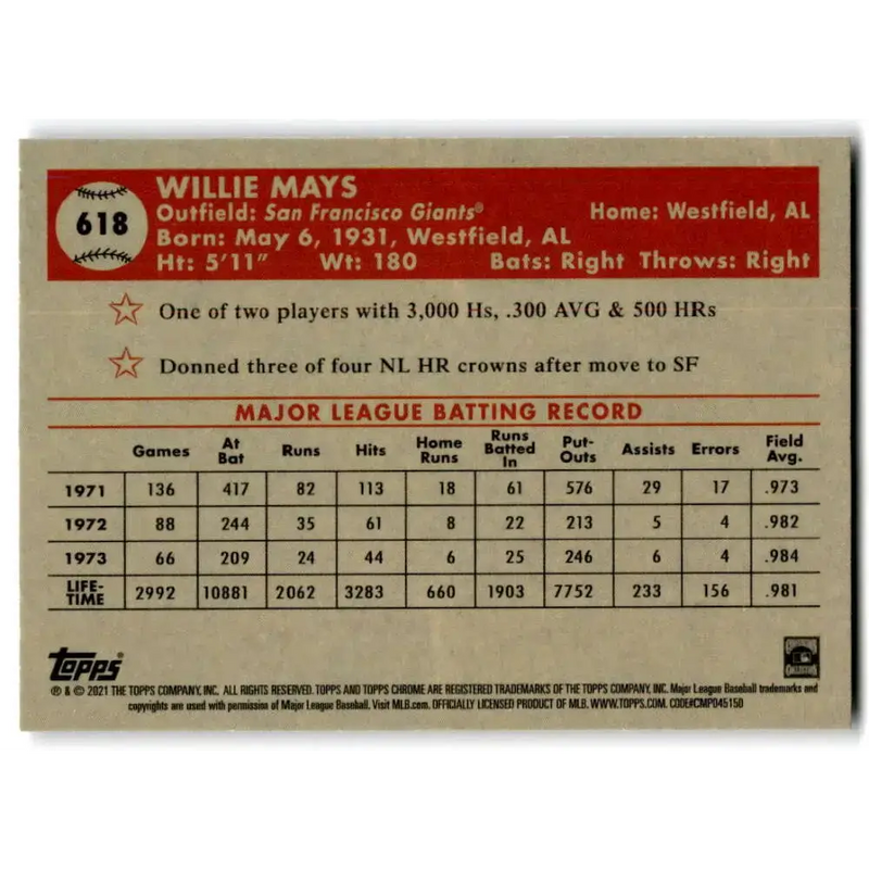 2021 Topps Chrome Platinum Anniversary #618 Willie Mays NM-MT San Francisco Giants Baseball Card - Baseball Card Single