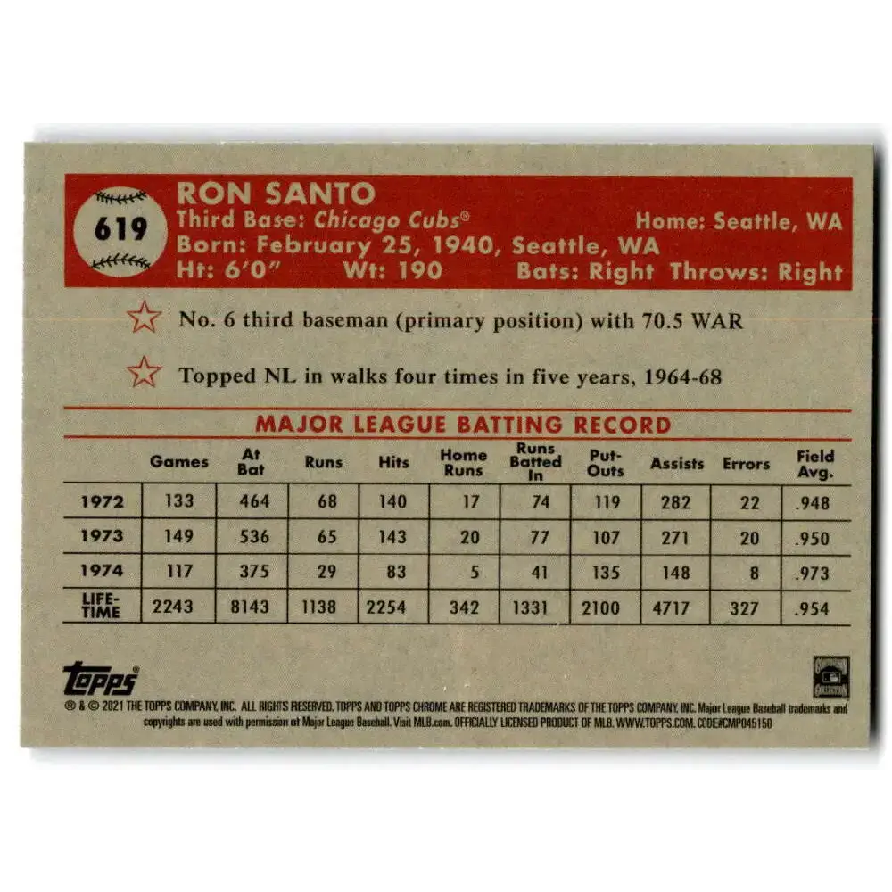 2021 Topps Chrome Platinum Anniversary #619 Ron Santo NM-MT Chicago Cubs Baseball Card - Baseball Card Single