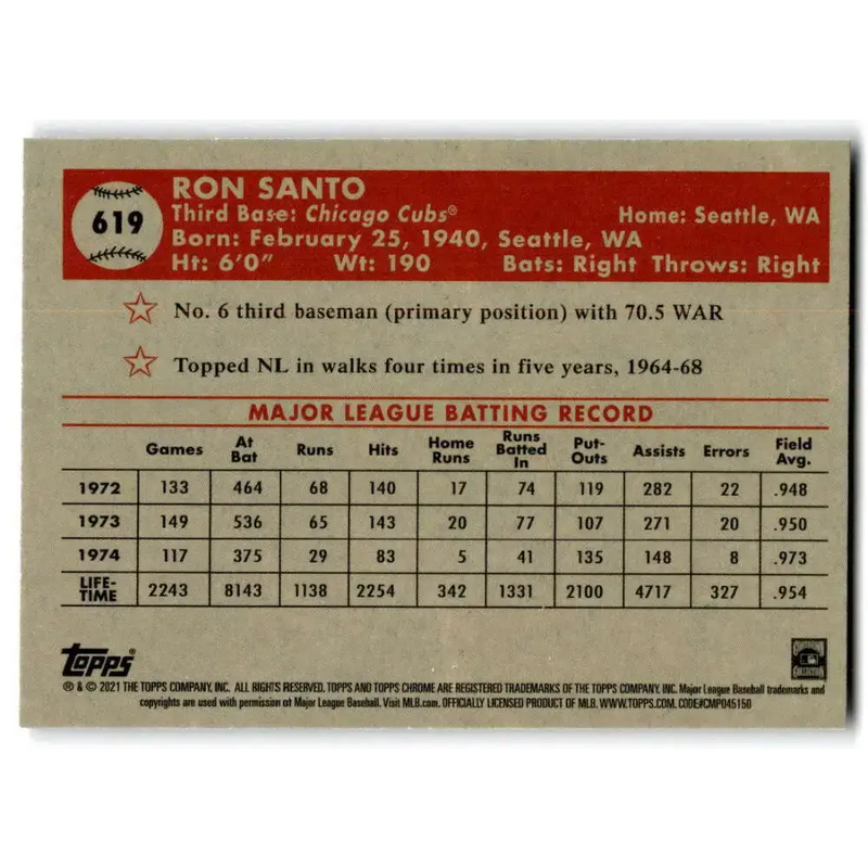 2021 Topps Chrome Platinum Anniversary #619 Ron Santo NM-MT Chicago Cubs Baseball Card - Baseball Card Single
