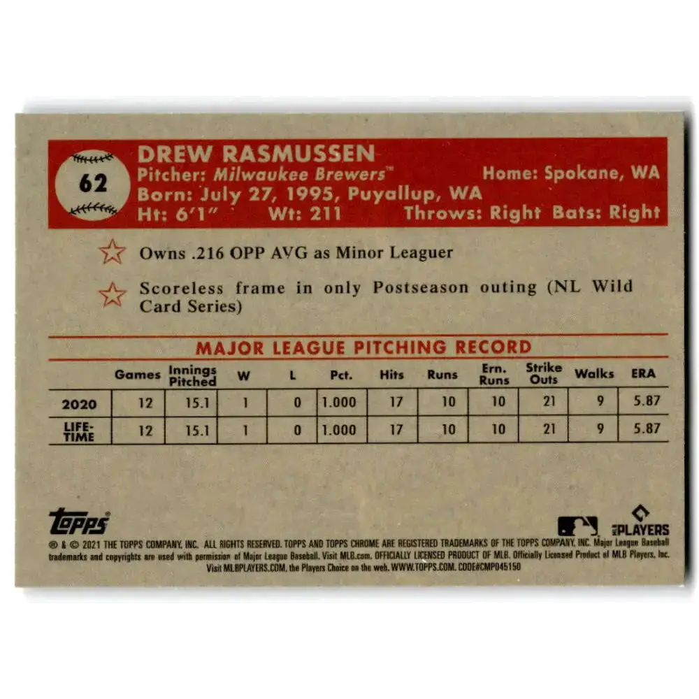 2021 Topps Chrome Platinum Anniversary #62 Drew Rasmussen NM-MT RC Rookie Milwaukee Brewers Baseball Card - Baseball